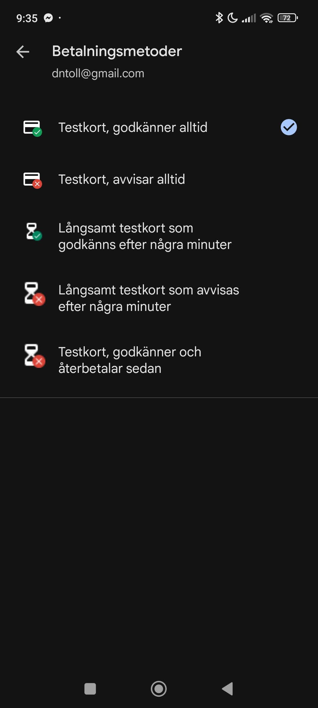 Google Play test payment methods