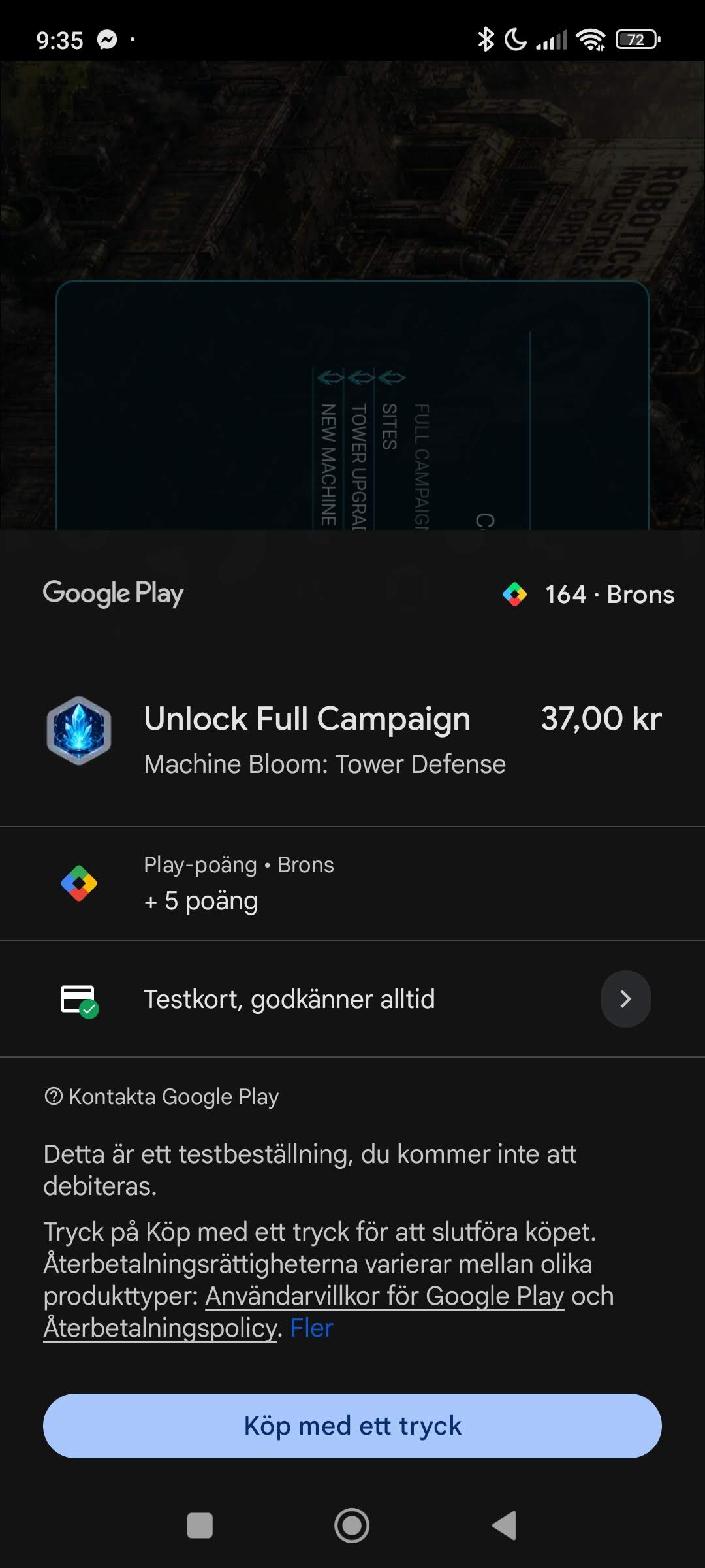 Google Play one-tap buy with test card