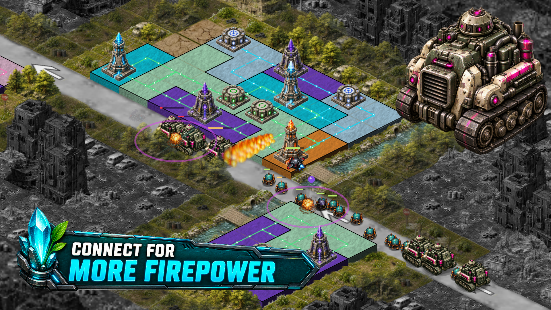 Connected combat and support towers in Machine Bloom